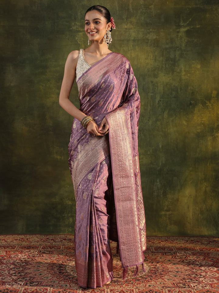 Purple Woven Design Satin Banarasi Saree With Unstitched Blouse Piece