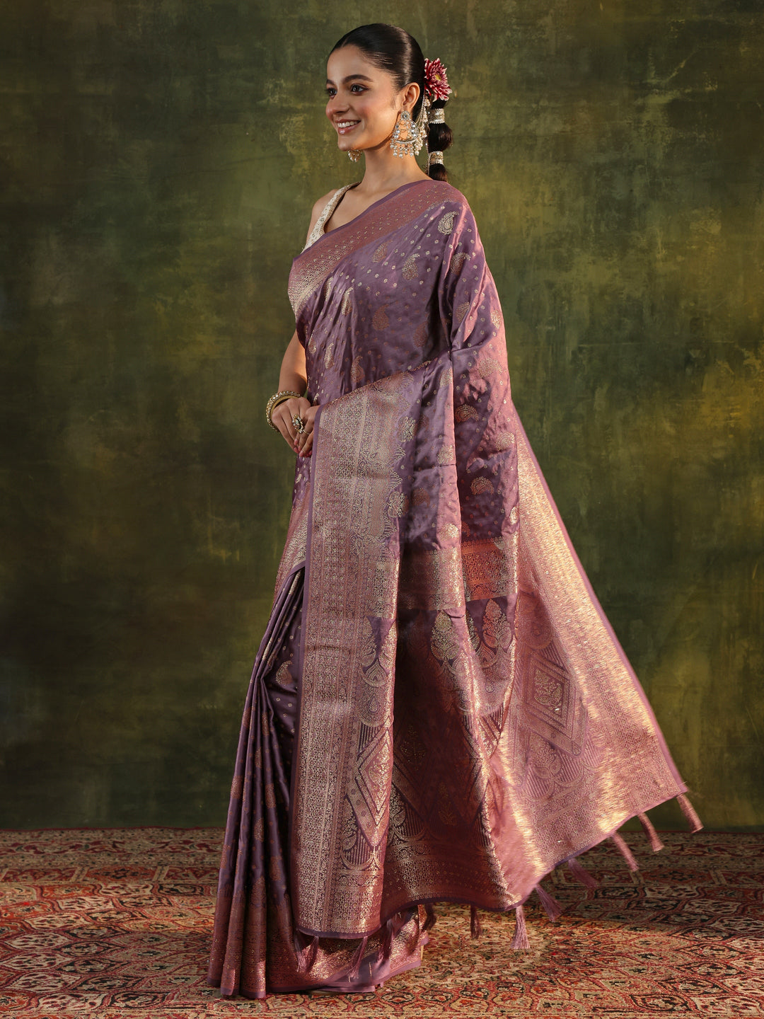 Purple Woven Design Satin Banarasi Saree With Unstitched Blouse Piece