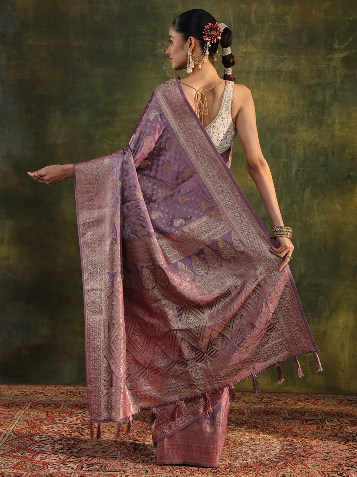 Purple Woven Design Satin Banarasi Saree With Unstitched Blouse Piece