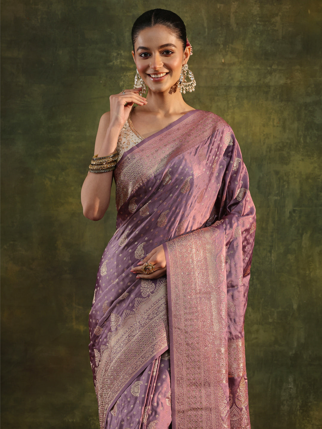Purple Woven Design Satin Banarasi Saree With Unstitched Blouse Piece