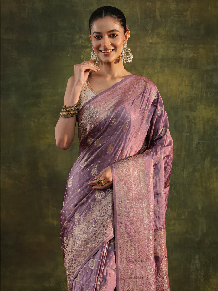 Purple Woven Design Satin Banarasi Saree With Unstitched Blouse Piece