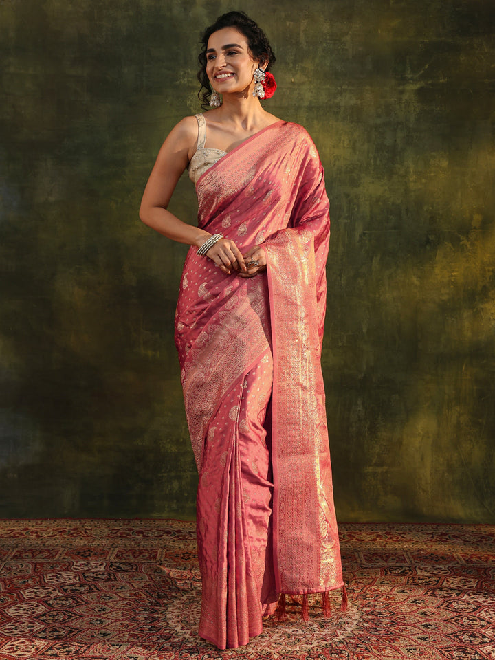 Peach Woven Design Satin Banarasi Saree With Unstitched Blouse Piece