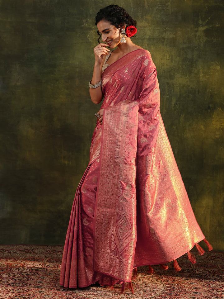 Peach Woven Design Satin Banarasi Saree With Unstitched Blouse Piece
