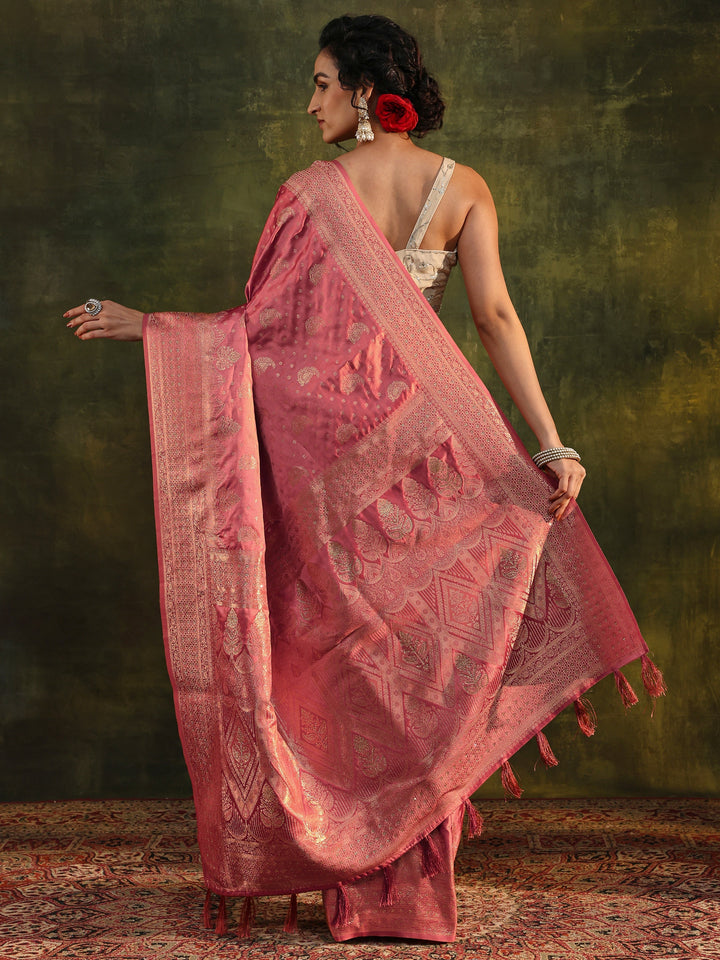 Peach Woven Design Satin Banarasi Saree With Unstitched Blouse Piece