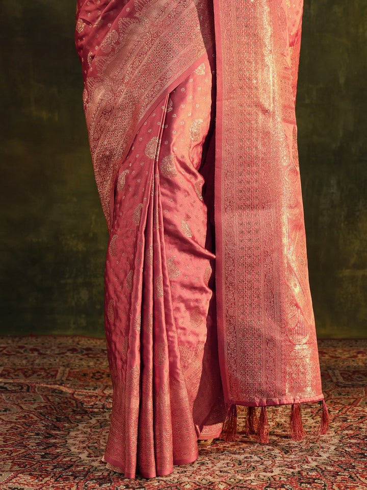 Peach Woven Design Satin Banarasi Saree With Unstitched Blouse Piece