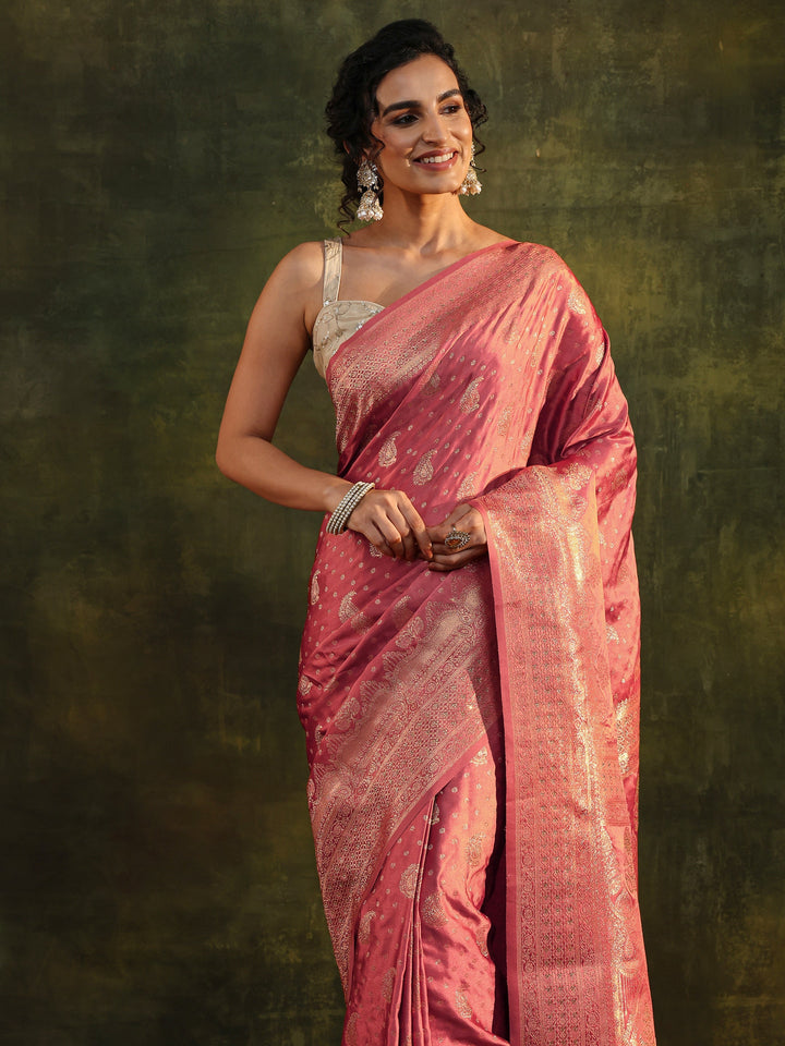 Peach Woven Design Satin Banarasi Saree With Unstitched Blouse Piece
