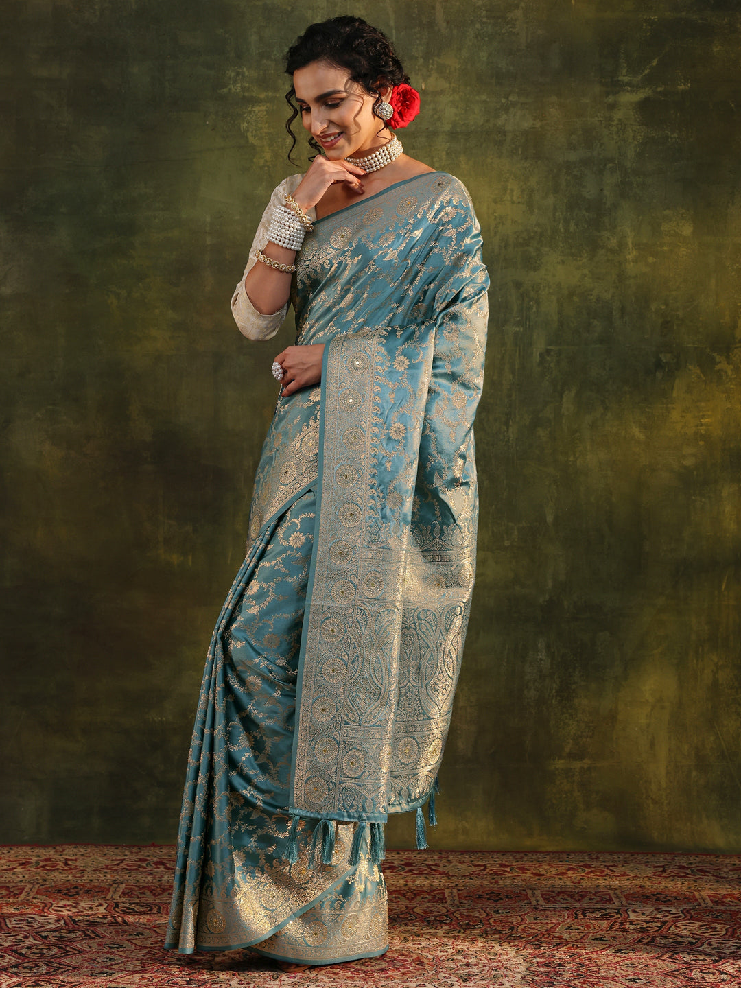 Libas Blue Woven Design Satin Banarasi Saree With Unstitched Blouse Piece