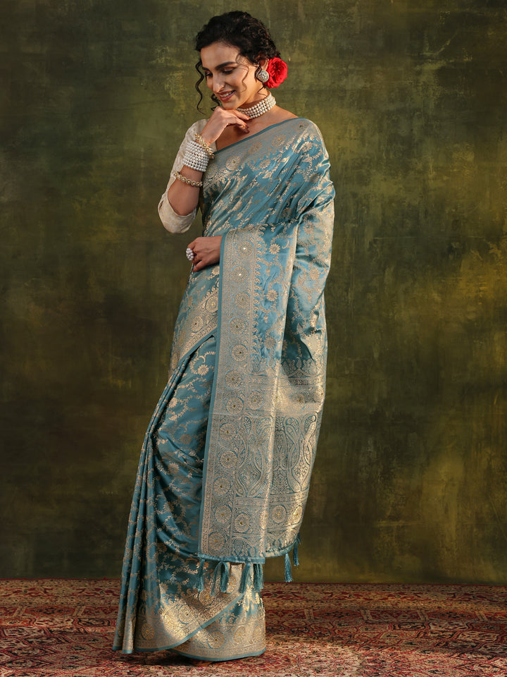 Libas Blue Woven Design Satin Banarasi Saree With Unstitched Blouse Piece