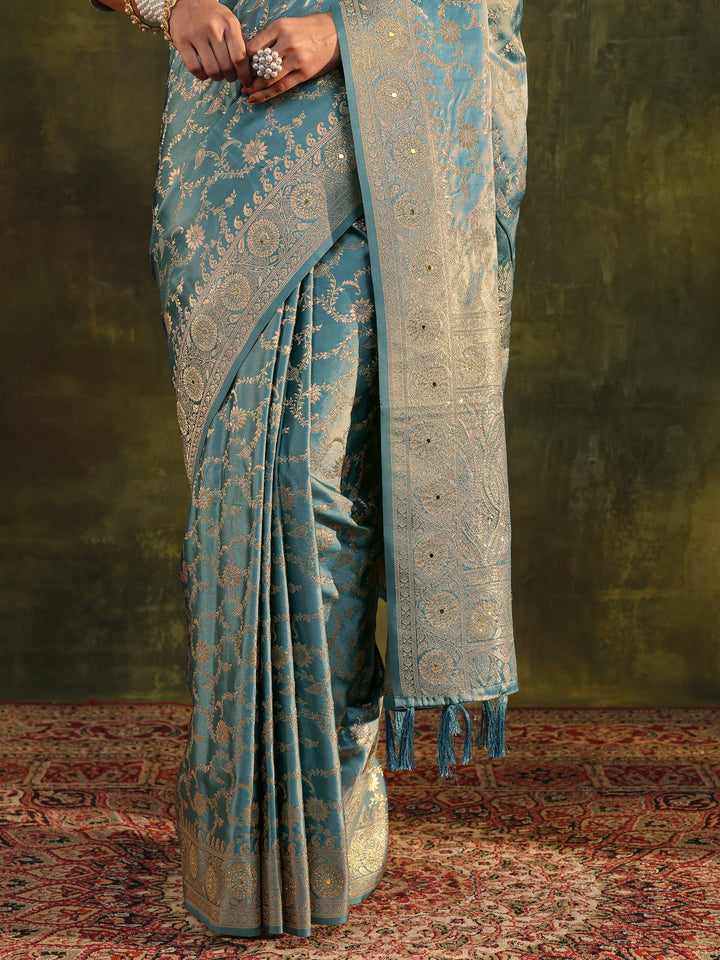 Libas Blue Woven Design Satin Banarasi Saree With Unstitched Blouse Piece