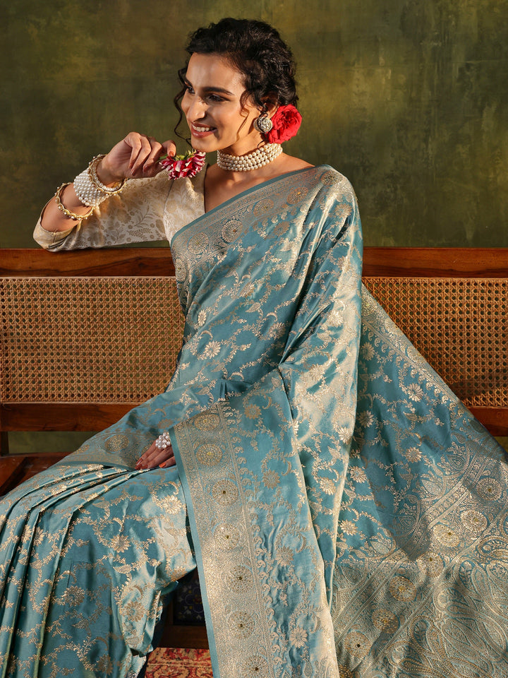 Libas Blue Woven Design Satin Banarasi Saree With Unstitched Blouse Piece