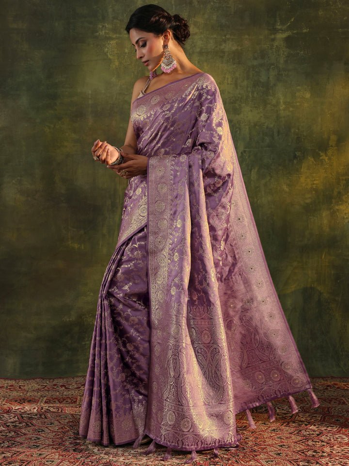 Libas Purple Banarasi Satin Saree With Unstitched Blouse Piece