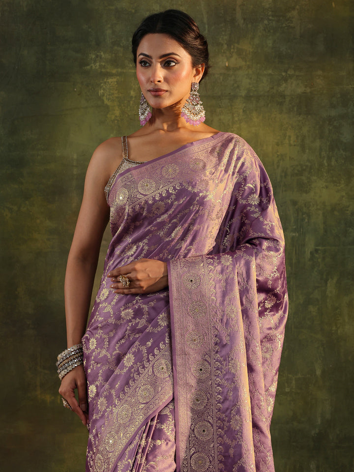 Libas Purple Banarasi Satin Saree With Unstitched Blouse Piece