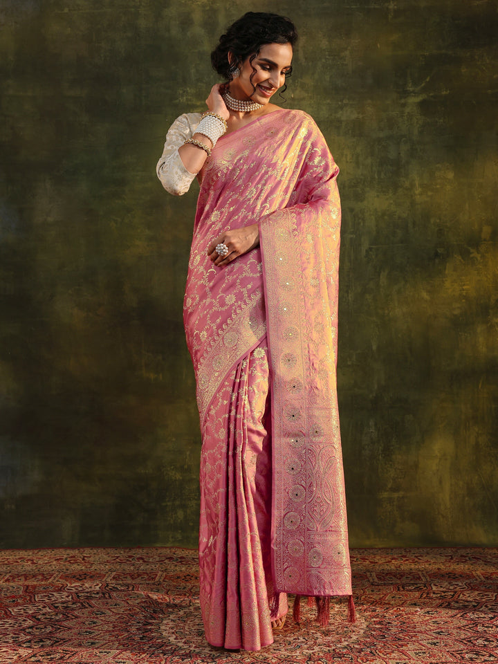 Libas Peach Woven Design Satin Banarasi Saree With Unstitched Blouse Piece