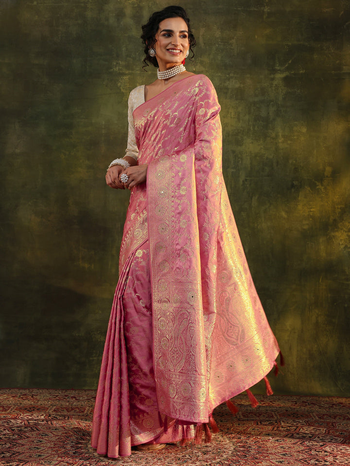Libas Peach Woven Design Satin Banarasi Saree With Unstitched Blouse Piece