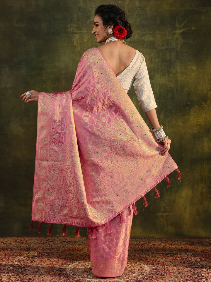 Libas Peach Woven Design Satin Banarasi Saree With Unstitched Blouse Piece