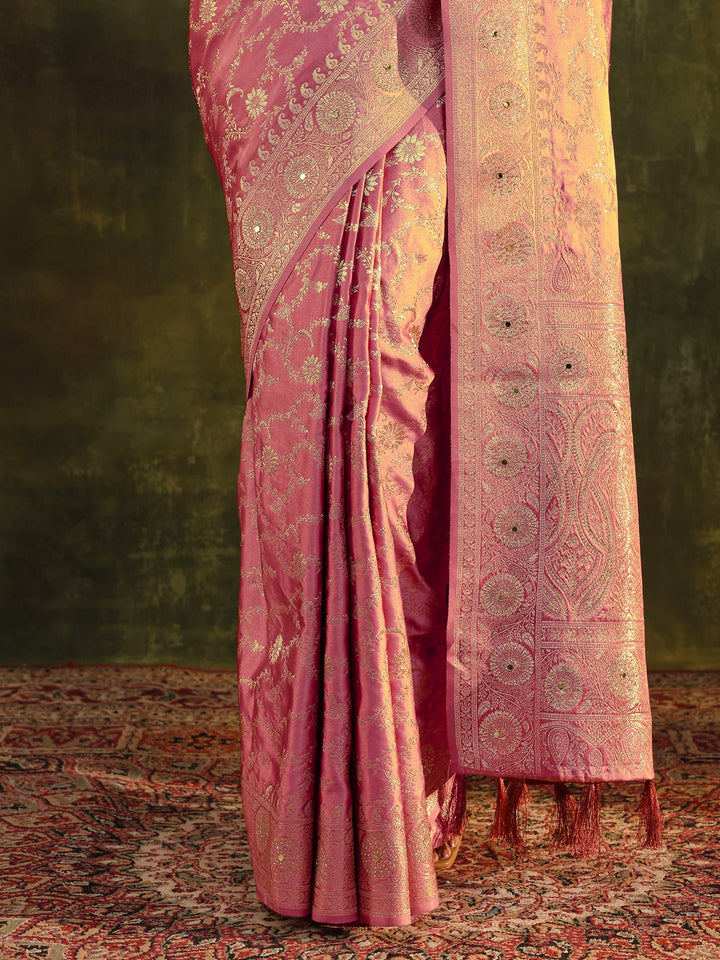 Libas Peach Woven Design Satin Banarasi Saree With Unstitched Blouse Piece