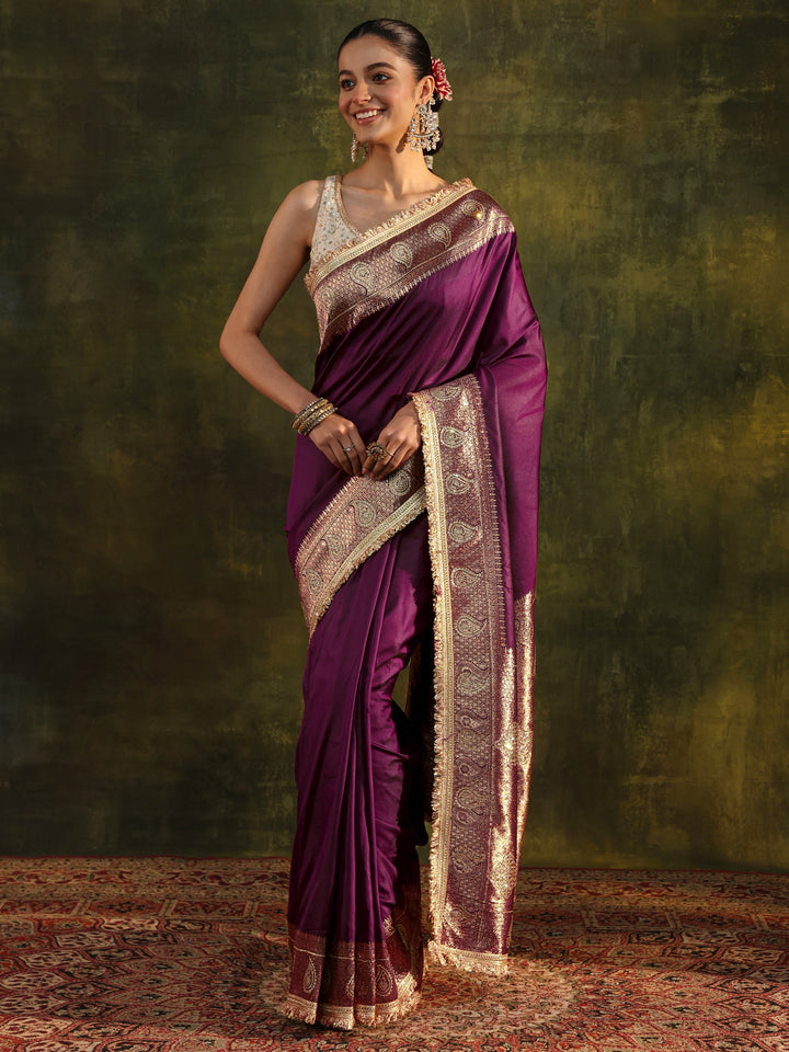 Burgundy Ethnic Silk Blend Saree With Unstitched Blouse Piece