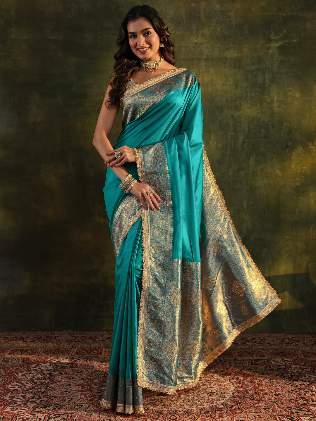 Libas Blue Embellished Silk Blend Saree With Unstitched Blouse Piece
