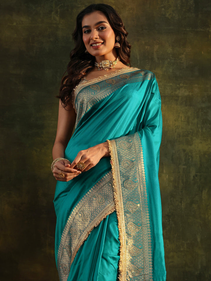 Libas Blue Embellished Silk Blend Saree With Unstitched Blouse Piece