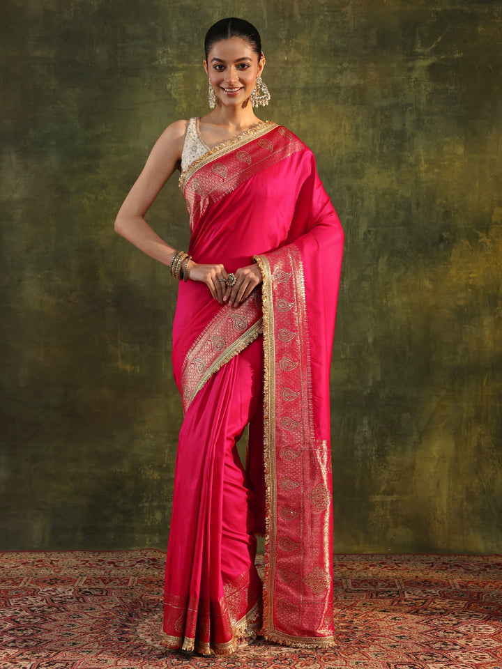 Pink Ethnic Silk Blend Saree With Unstitched Blouse Piece