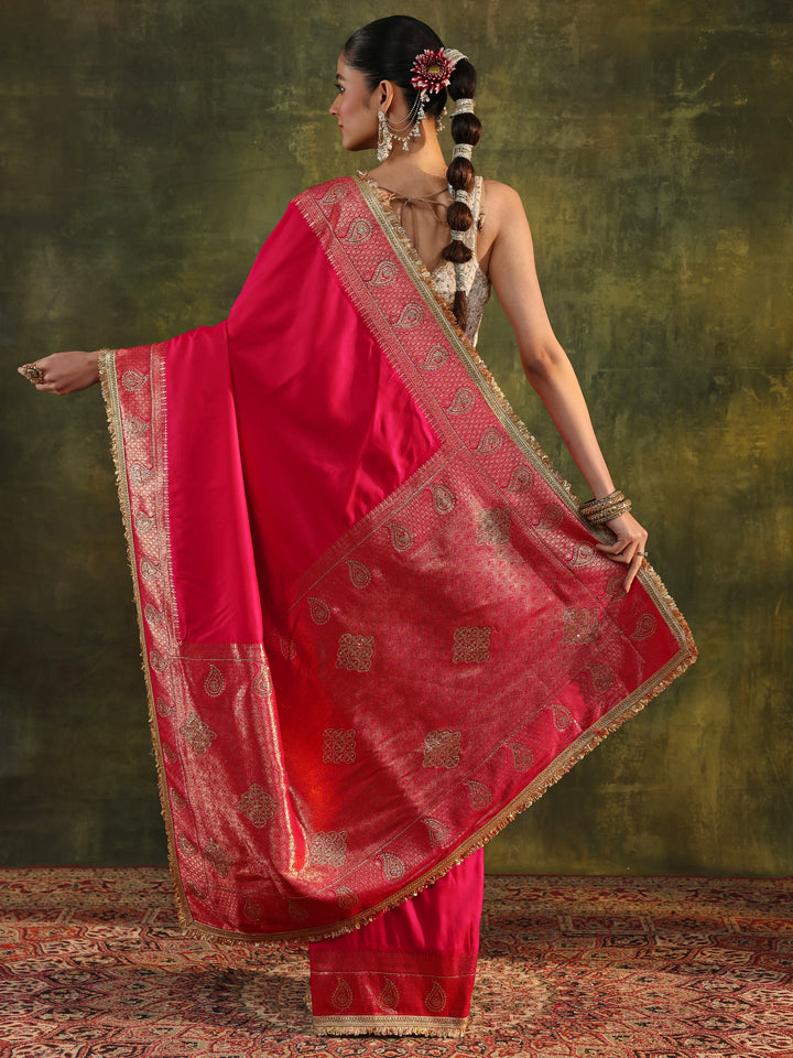 Pink Ethnic Silk Blend Saree With Unstitched Blouse Piece