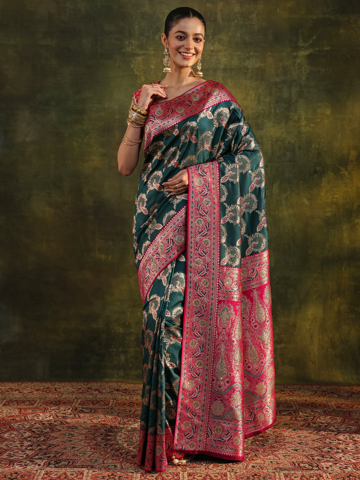 Teal Woven Design Silk Blend Banarasi Saree With Unstitched Blouse Piece