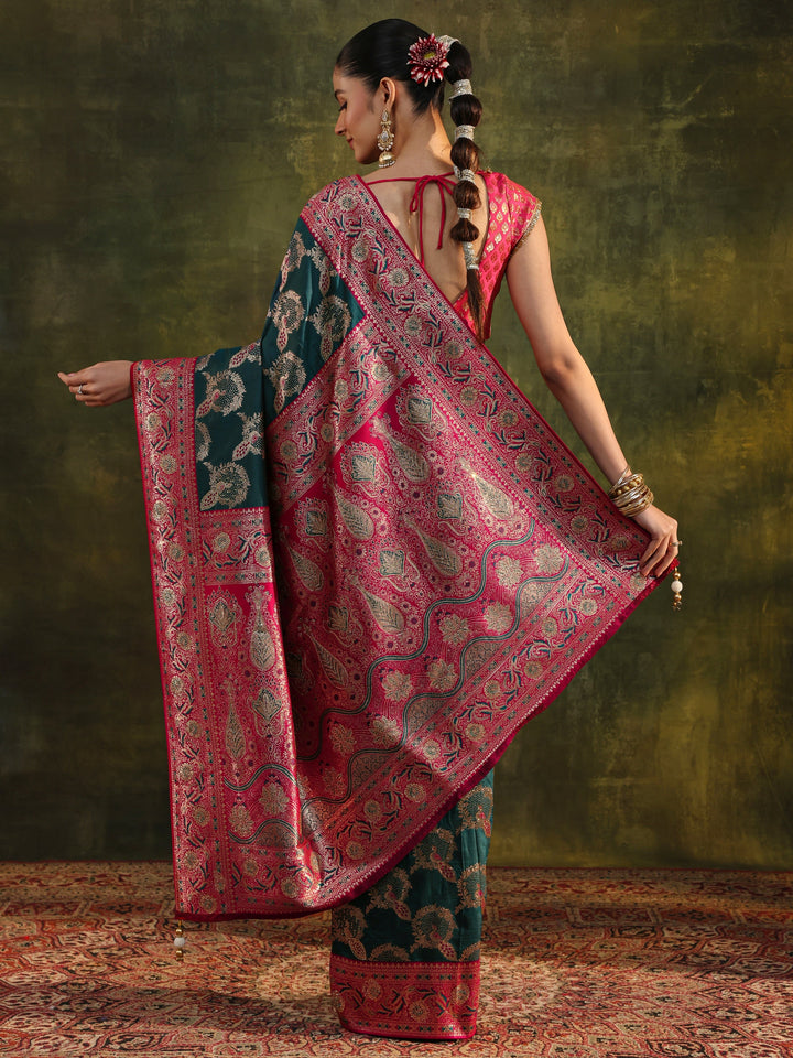 Teal Woven Design Silk Blend Banarasi Saree With Unstitched Blouse Piece