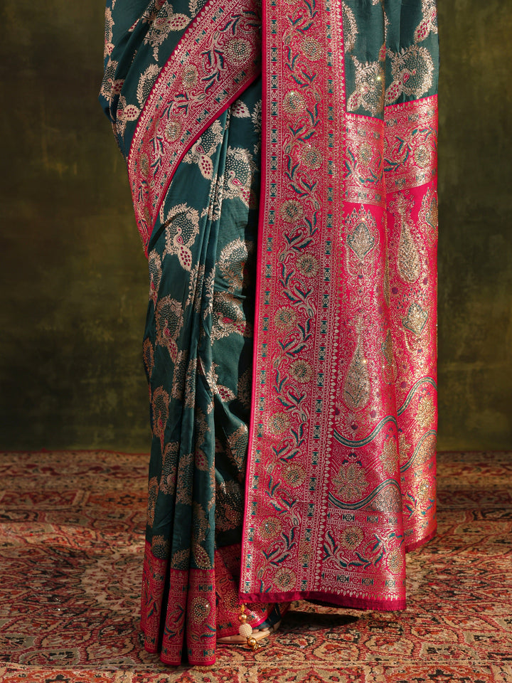 Teal Woven Design Silk Blend Banarasi Saree With Unstitched Blouse Piece