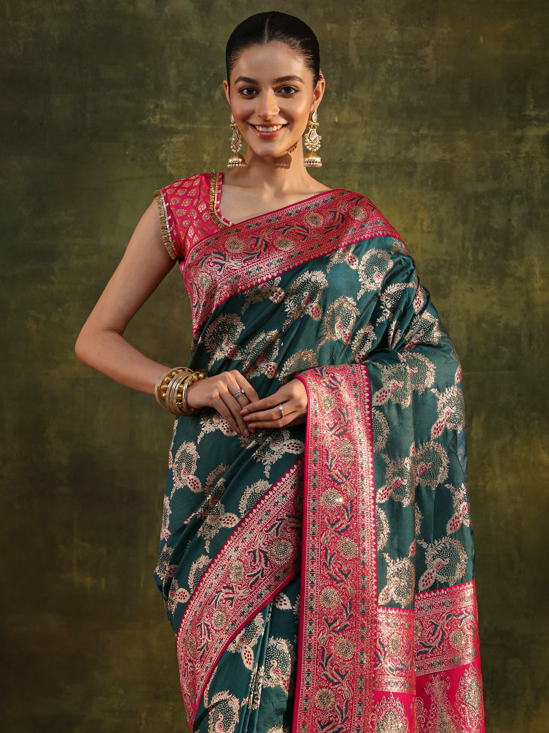 Teal Woven Design Silk Blend Banarasi Saree With Unstitched Blouse Piece