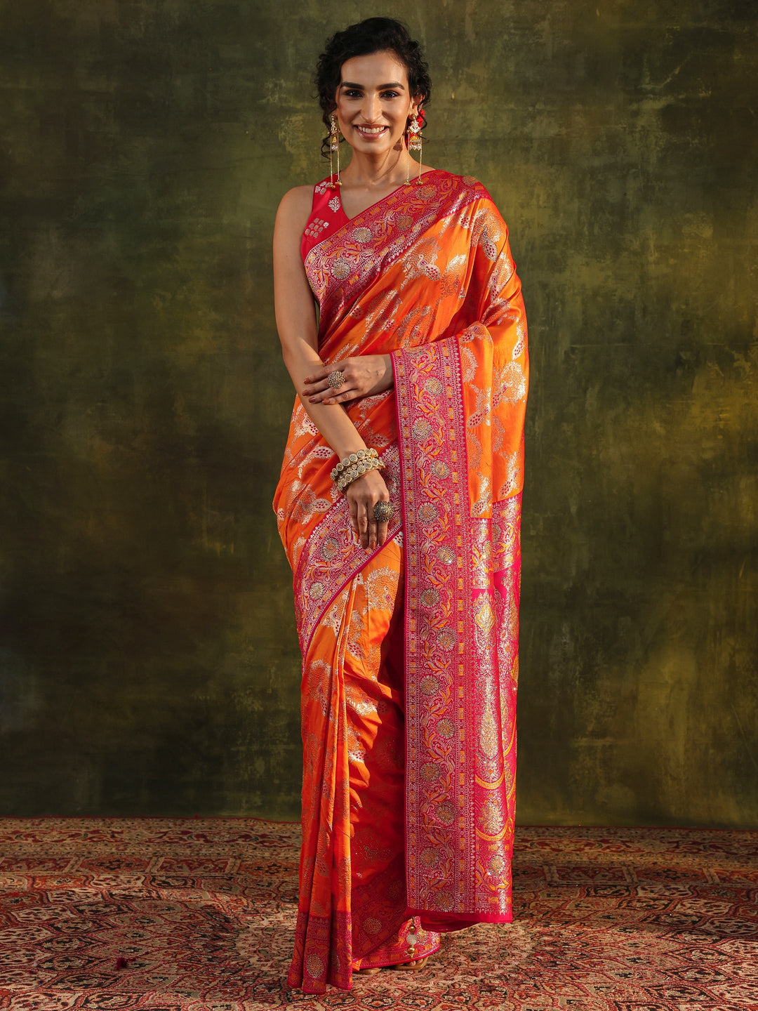 Libas Mustard Woven Design Silk Blend Banarasi Saree With Unstitched Blouse Piece