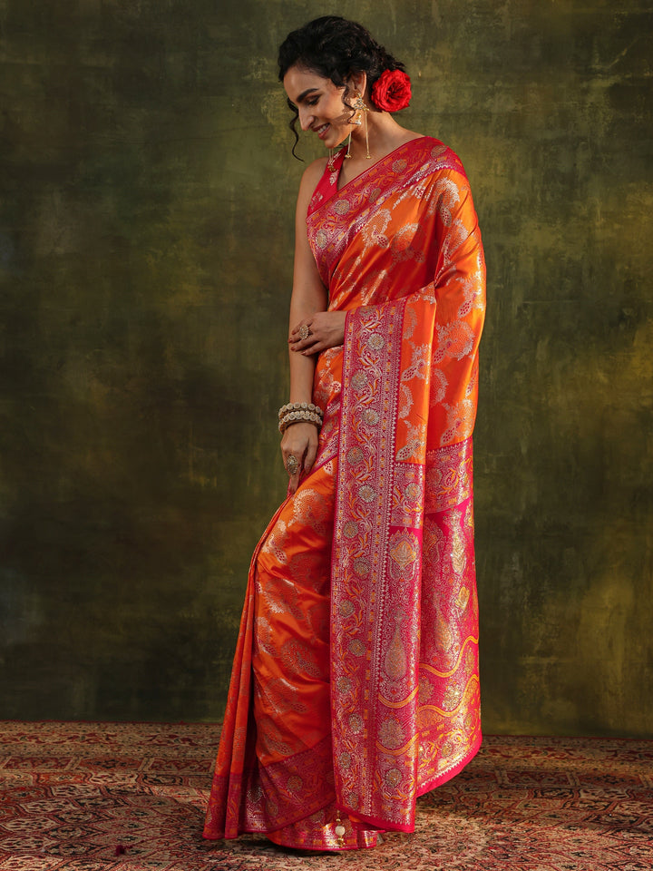 Libas Mustard Woven Design Silk Blend Banarasi Saree With Unstitched Blouse Piece