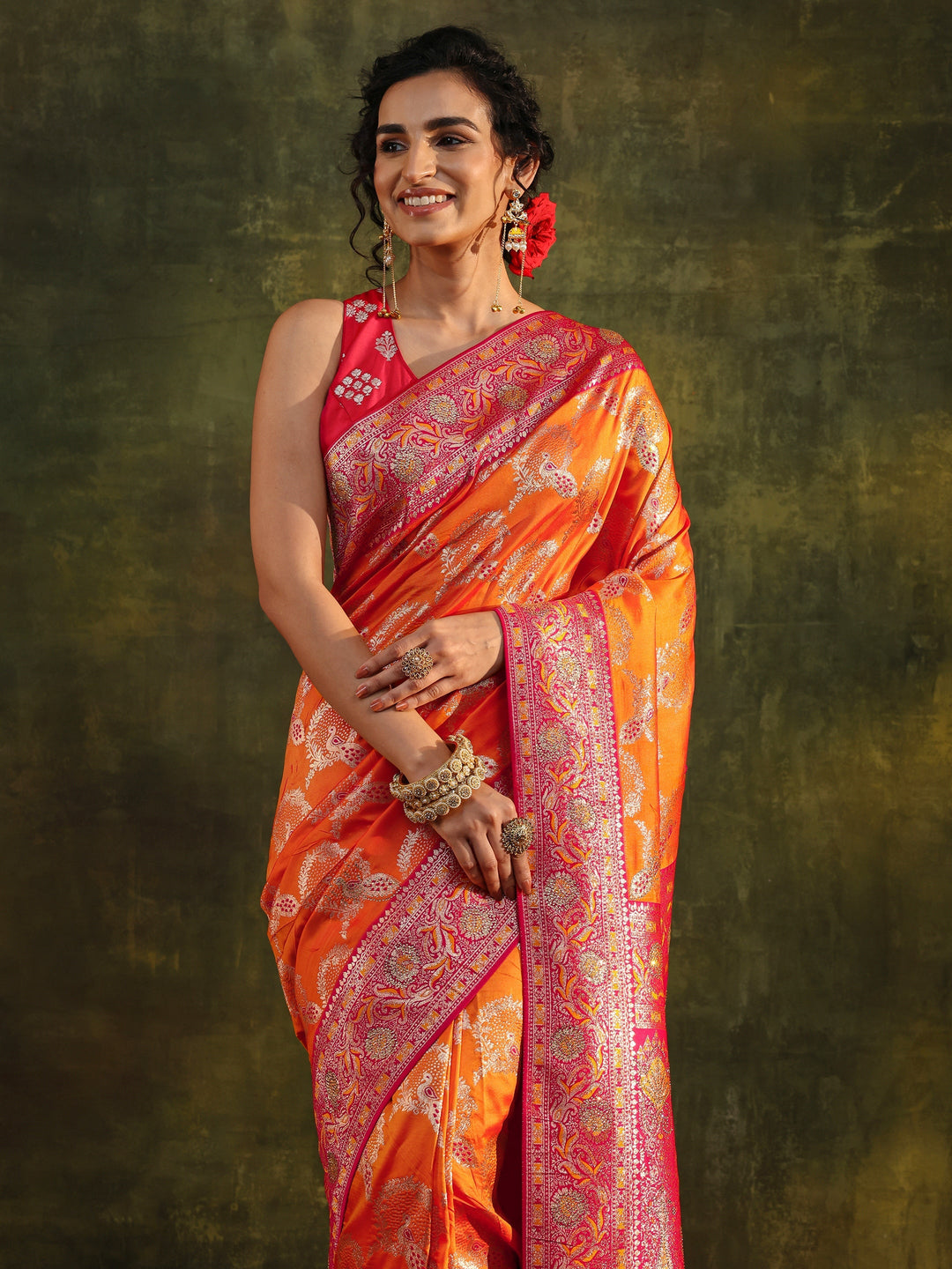 Libas Mustard Woven Design Silk Blend Banarasi Saree With Unstitched Blouse Piece