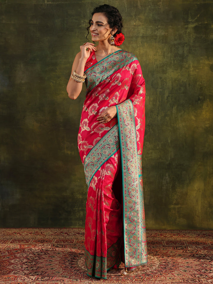 Pink Woven Design Silk Blend Banarasi Saree With Unstitched Blouse Piece