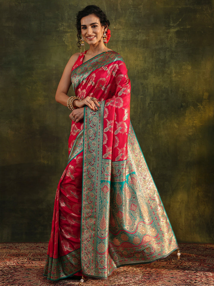 Pink Woven Design Silk Blend Banarasi Saree With Unstitched Blouse Piece