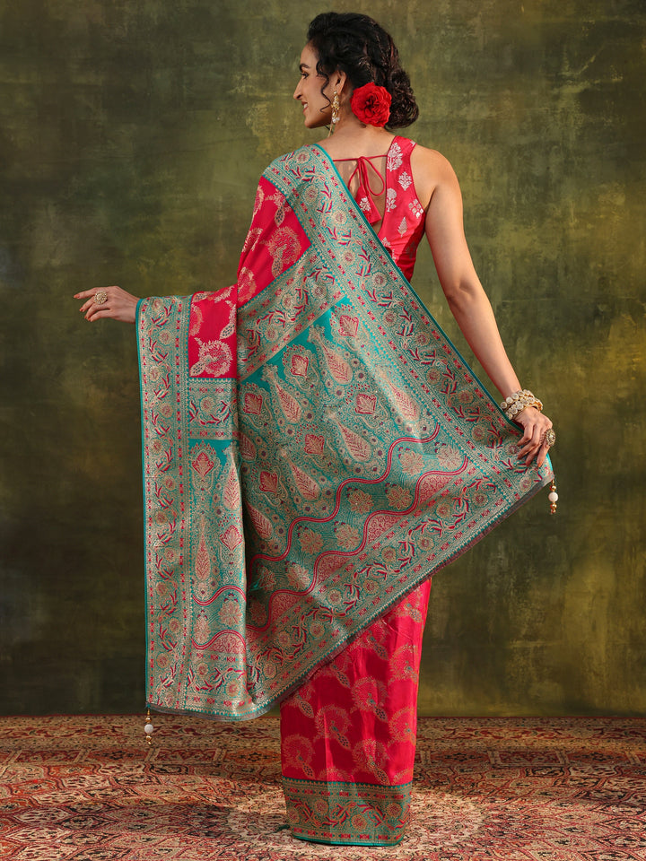Pink Woven Design Silk Blend Banarasi Saree With Unstitched Blouse Piece