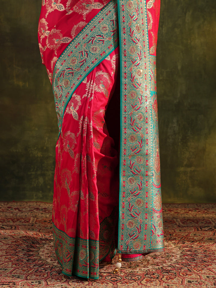 Pink Woven Design Silk Blend Banarasi Saree With Unstitched Blouse Piece