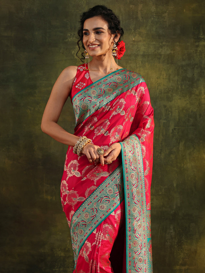 Pink Woven Design Silk Blend Banarasi Saree With Unstitched Blouse Piece