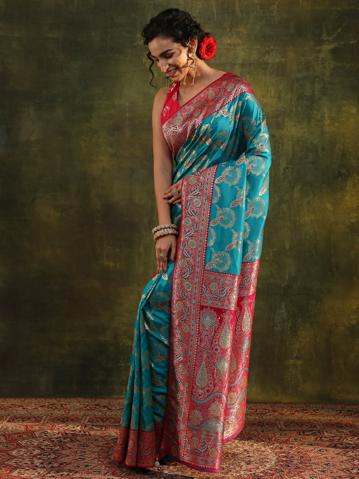 Blue Woven Design Silk Blend Banarasi Saree With Unstitched Blouse Piece