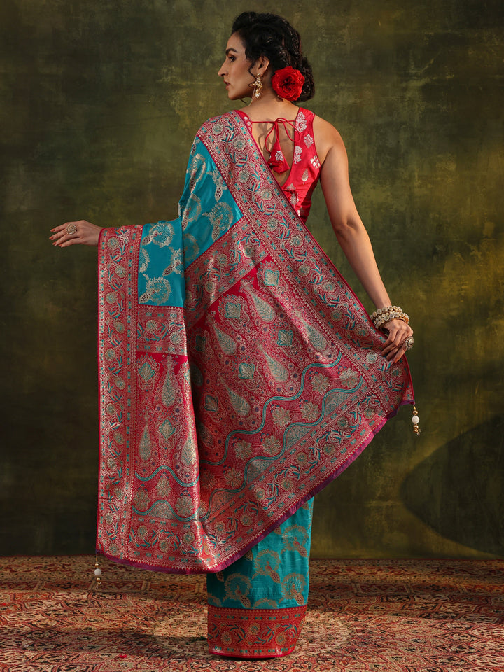 Blue Woven Design Silk Blend Banarasi Saree With Unstitched Blouse Piece
