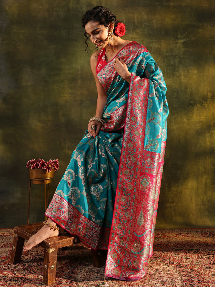 Blue Woven Design Silk Blend Banarasi Saree With Unstitched Blouse Piece