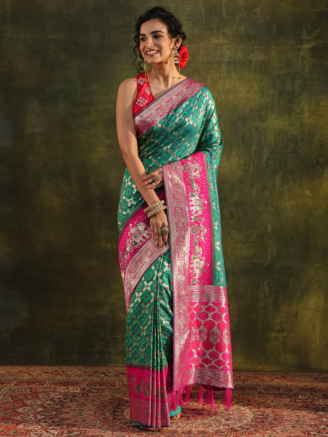 Green Gharchola Woven Design Silk Blend Saree With Unstitched Blouse Piece