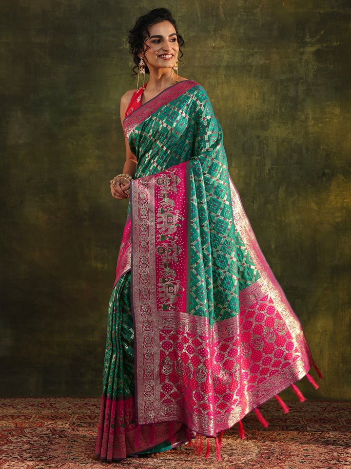 Green Gharchola Woven Design Silk Blend Saree With Unstitched Blouse Piece