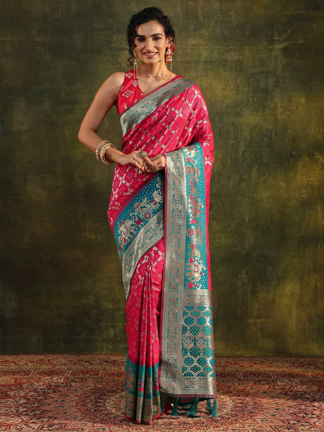 Pink Gharchola Woven Design Silk Blend Saree With Unstitched Blouse Piece