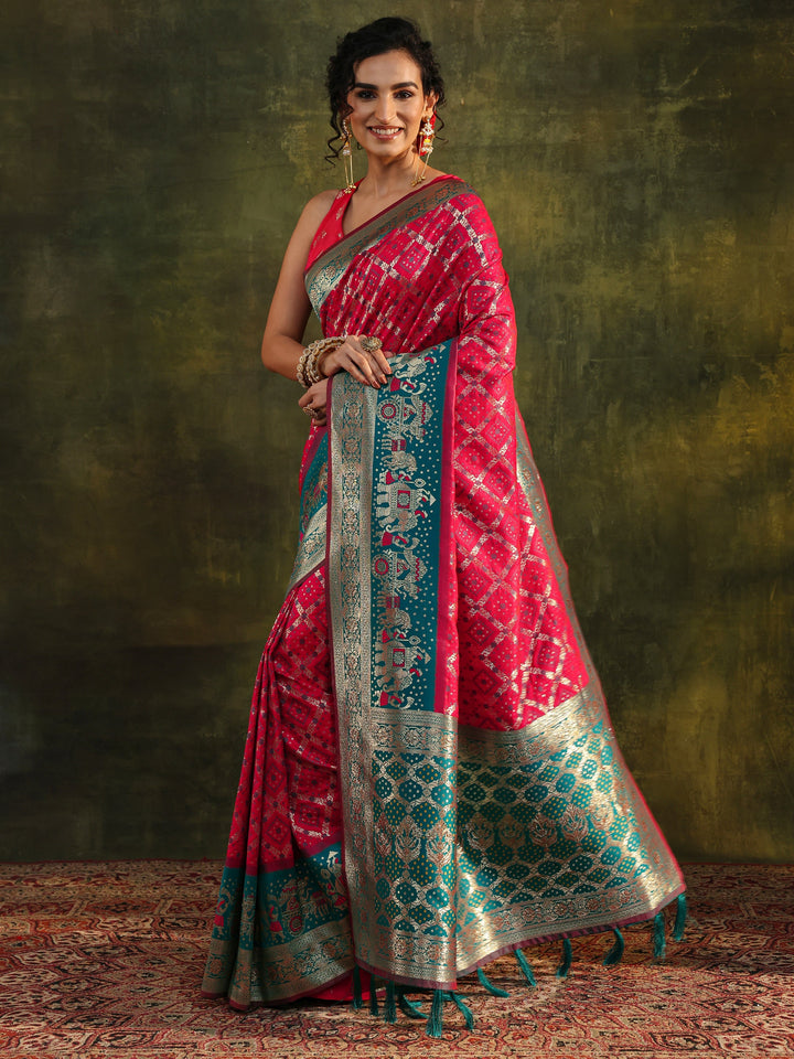 Pink Gharchola Woven Design Silk Blend Saree With Unstitched Blouse Piece