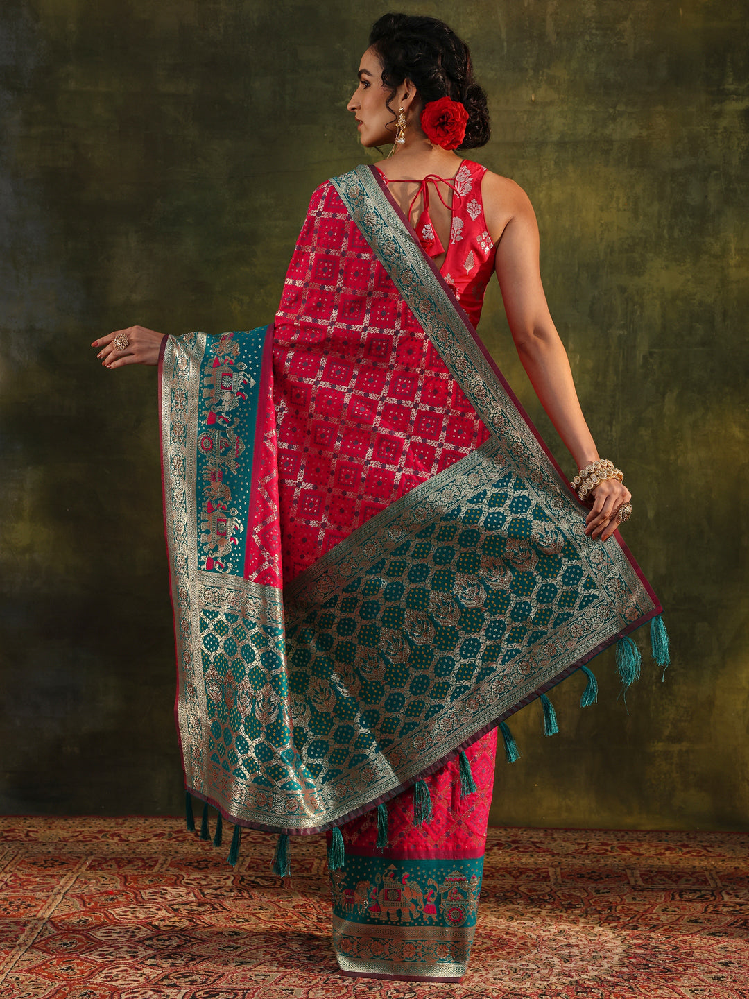 Pink Gharchola Woven Design Silk Blend Saree With Unstitched Blouse Piece
