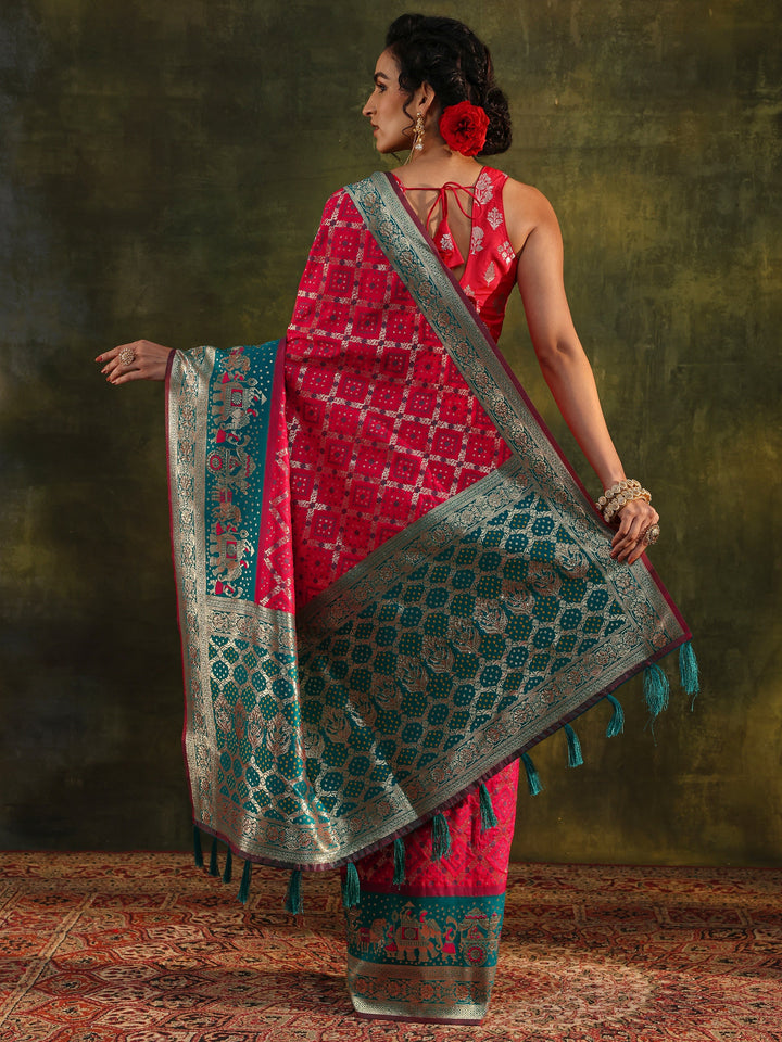 Pink Gharchola Woven Design Silk Blend Saree With Unstitched Blouse Piece