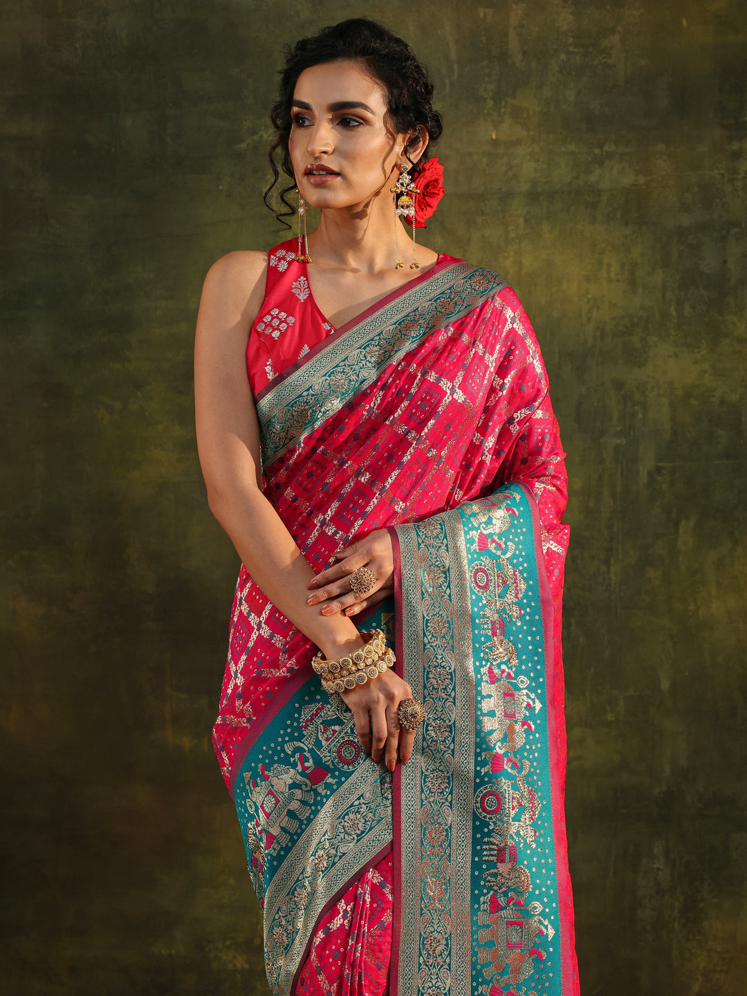 Pink Gharchola Woven Design Silk Blend Saree With Unstitched Blouse Piece