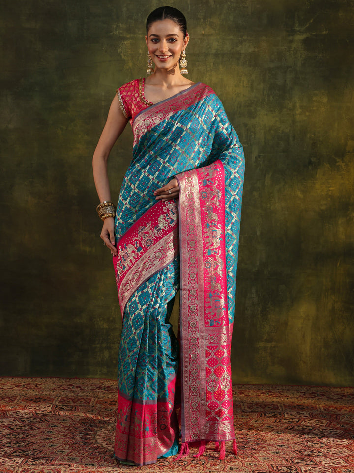 Blue Gharchola Woven Design Silk Blend Saree With Unstitched Blouse Piece