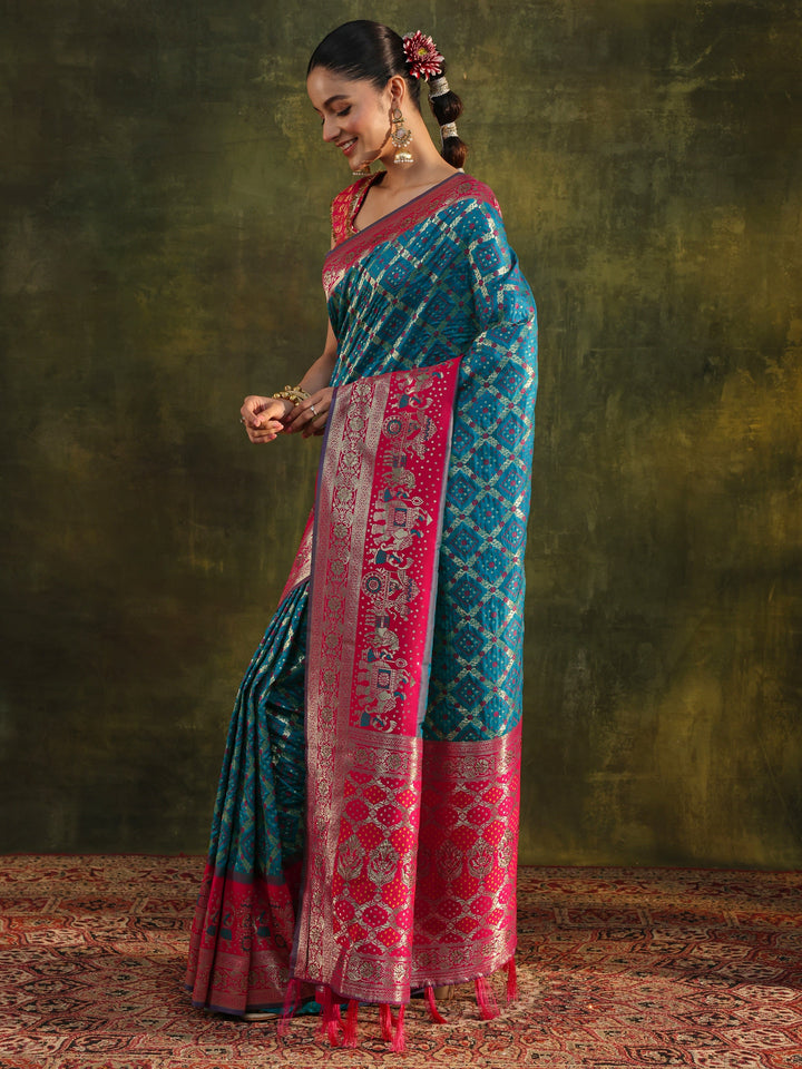 Blue Gharchola Woven Design Silk Blend Saree With Unstitched Blouse Piece