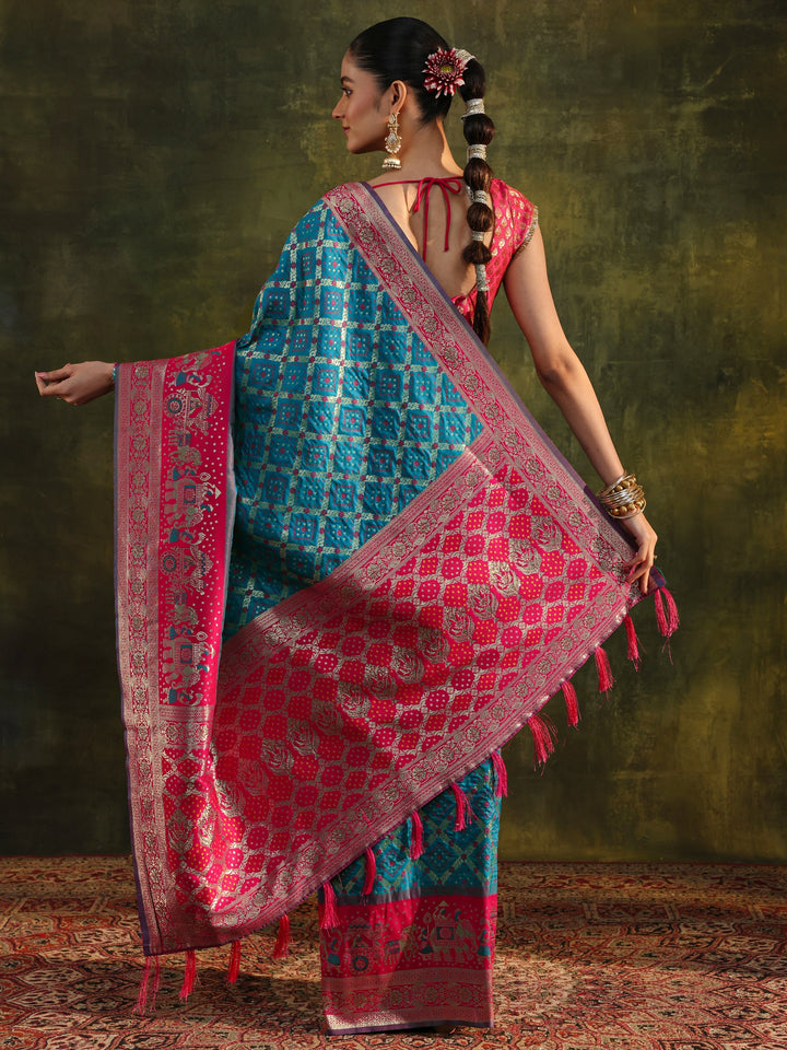Blue Gharchola Woven Design Silk Blend Saree With Unstitched Blouse Piece
